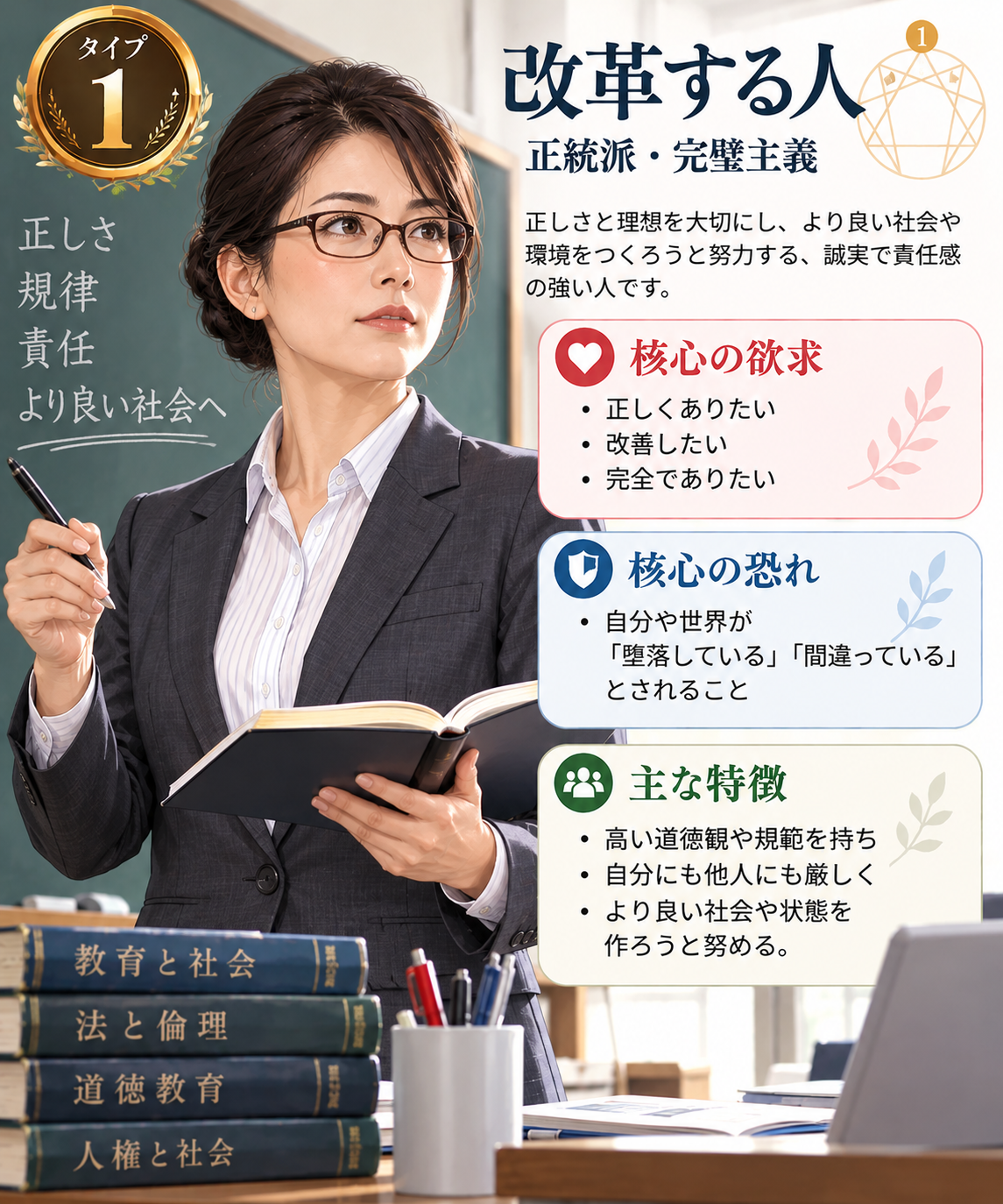タイプ① 改革する人。真面目な女性教師のイラストと核心の欲求・恐れ・主な特徴