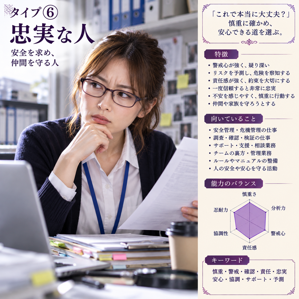 タイプ⑥ 忠実な人。眉間にしわを寄せて書類を慎重に確認する女性と特徴・向いていること・能力のバランス